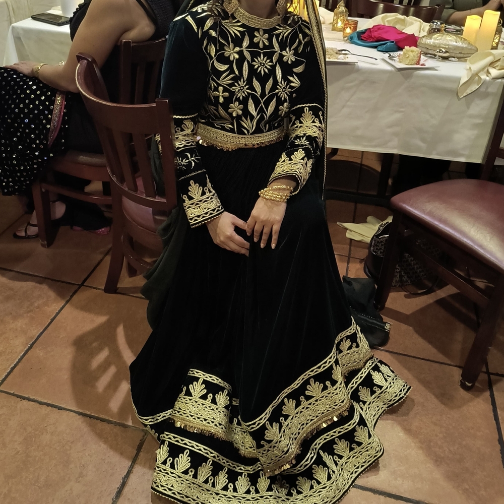 Elegant Dark Green and Gold Embroidered Afghan Dress